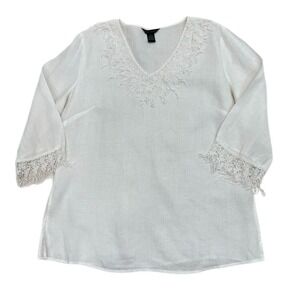 Anne Carson 100% Linen Top Tunic Size XL Ivory Lace Embroidered Beaded Blouse
